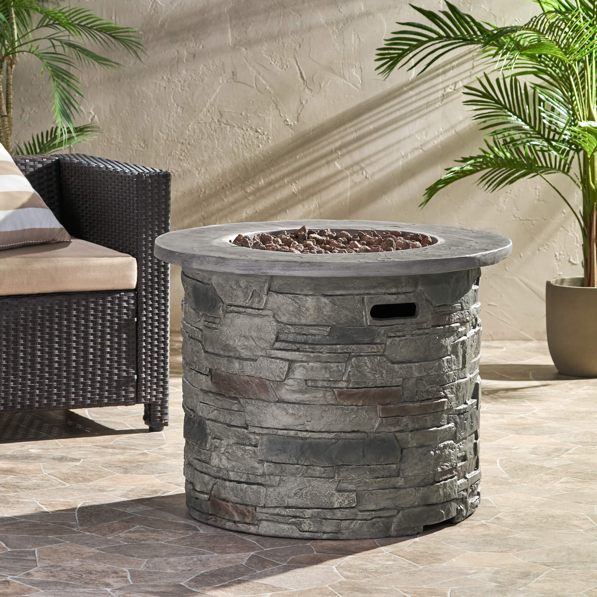 32" Transitional Outdoor Concrete Round Propane Fire Pit Table, Gray (SAK48268) - Image 3