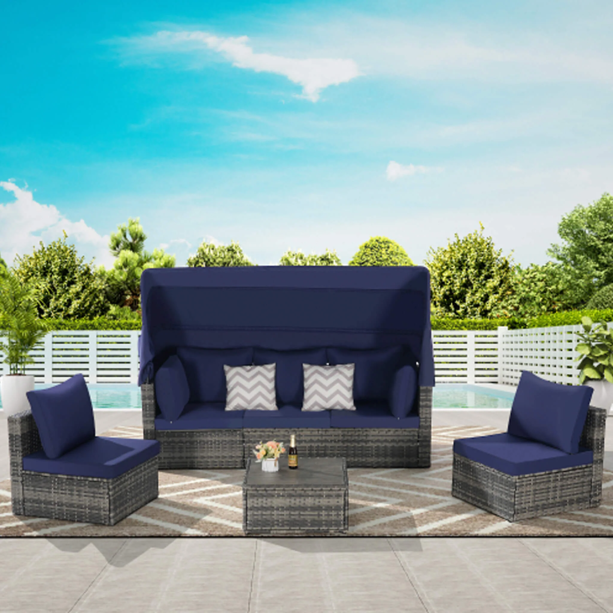 5‑Piece Outdoor Patio Wicker Daybed Set with Retractable Canopy - Image 3