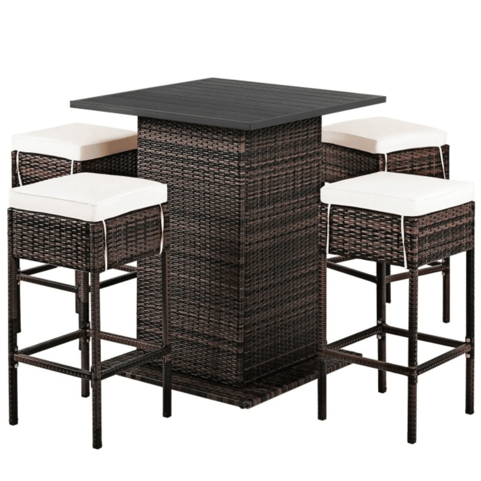 5PCS Patio Rattan Bar Table Stool Set With Hidden Storage Shelf & Cushions - Image 2