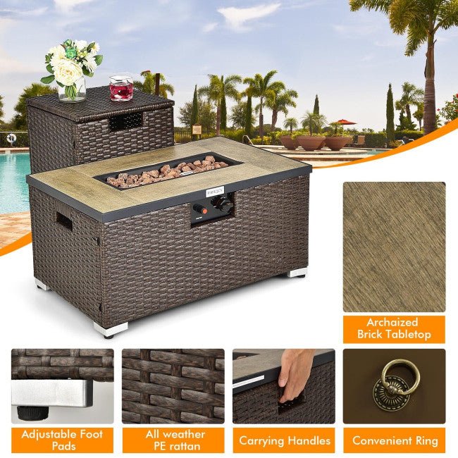 32" Propane Rattan Fire Pit Table Set W/ Side Table Tank & Cover - Image 8